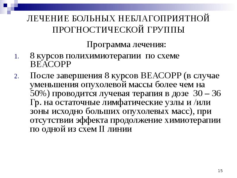 ЛЕЧЕНИЕ БОЛЬНЫХ НЕБЛАГОПРИЯТНОЙ ПРОГНОСТИЧЕСКОЙ ГРУППЫ     Программа лечения: