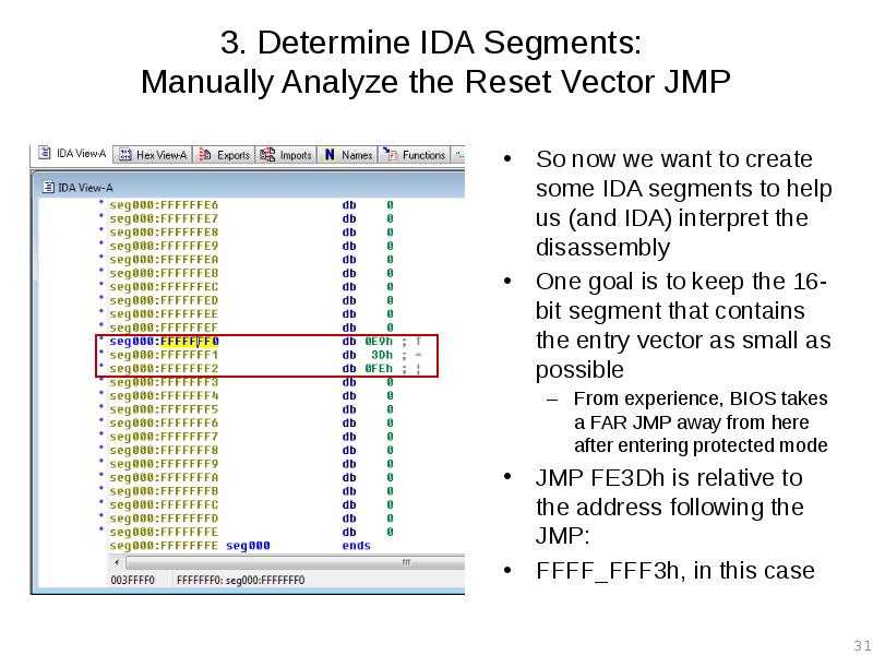 3. Determine IDA Segments:  Manually Analyze the Reset Vector JMP