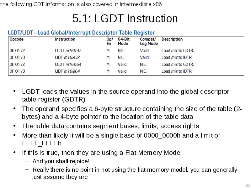 5.1: LGDT Instruction LGDT loads the values in the source operand