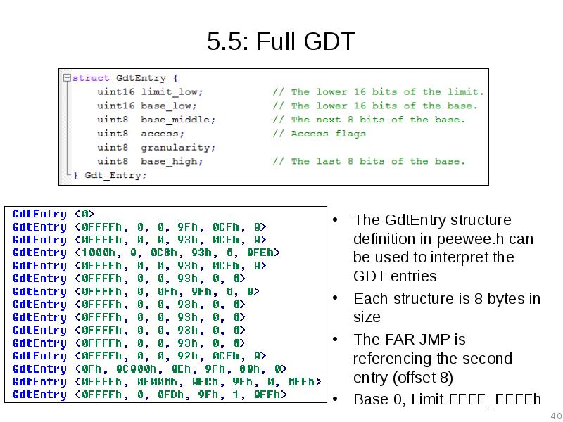 5.5: Full GDT The GdtEntry structure definition in peewee.h can be