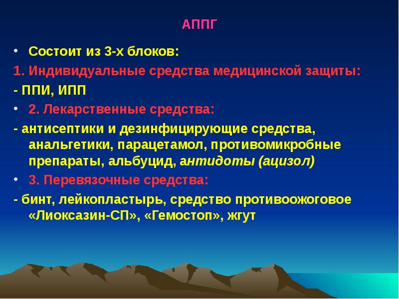 АППГ Состоит из 3-х блоков: 1. Индивидуальные средства медицинской защиты: -