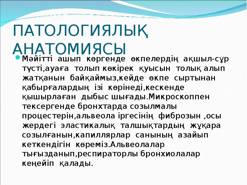 ПАТОЛОГИЯЛЫҚ АНАТОМИЯСЫ
Мәйітті ашып көргенде өкпелердің ақшыл-сұр түсті,ауаға толып көкірек қуысын ПАТОЛОГИЯЛЫҚ АНАТОМИЯСЫ
Мәйітті ашып көргенде өкпелердің ақшыл-сұр түсті,ауаға толып көкірек қуысын