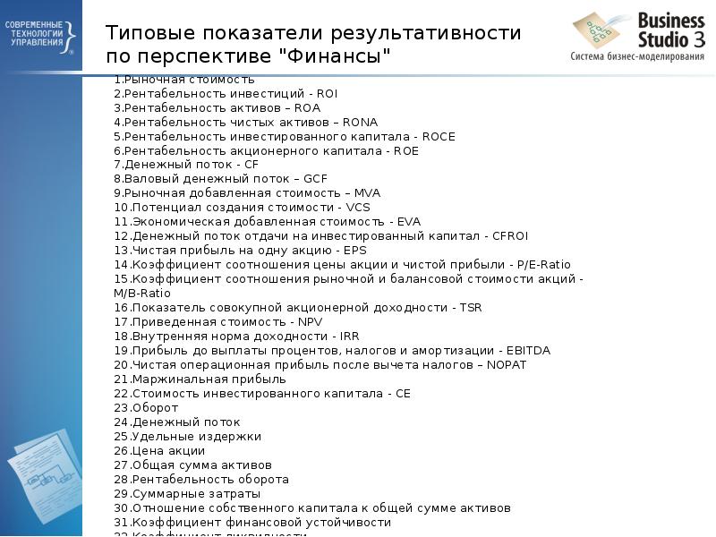 Типовые показатели результативности по перспективе 