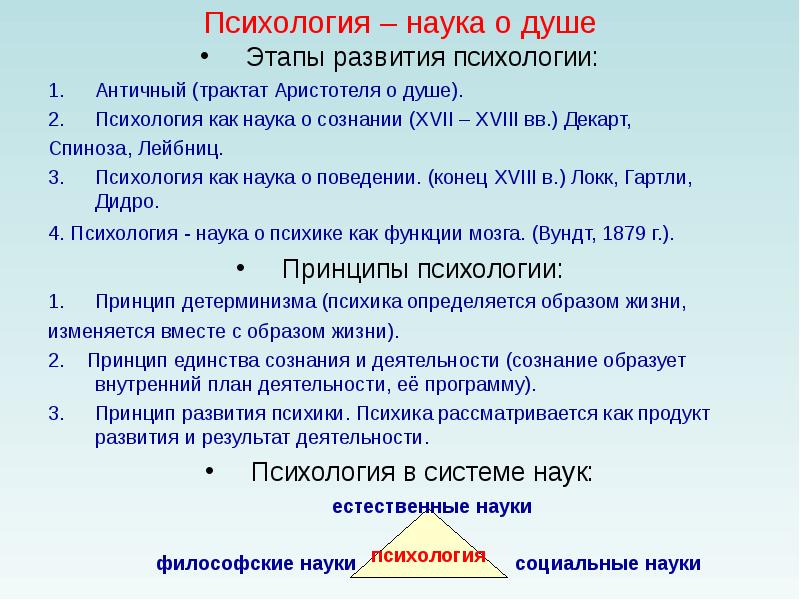 Психология – наука о душе
Этапы развития психологии:
Античный (трактат Аристотеля Психология – наука о душе
Этапы развития психологии:
Античный (трактат Аристотеля
