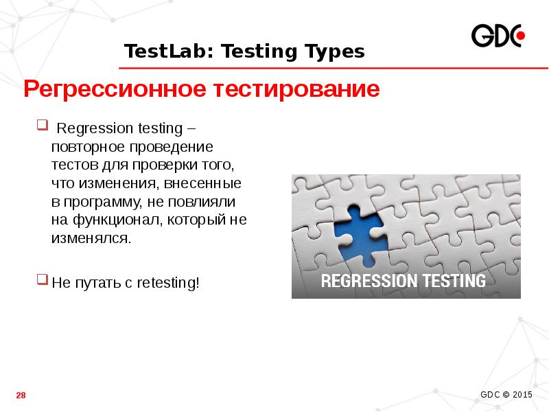 Testing types. Виды тестирования приложений. Повторное тестирование. Тестлаб. Регрессионное тестирование игр.