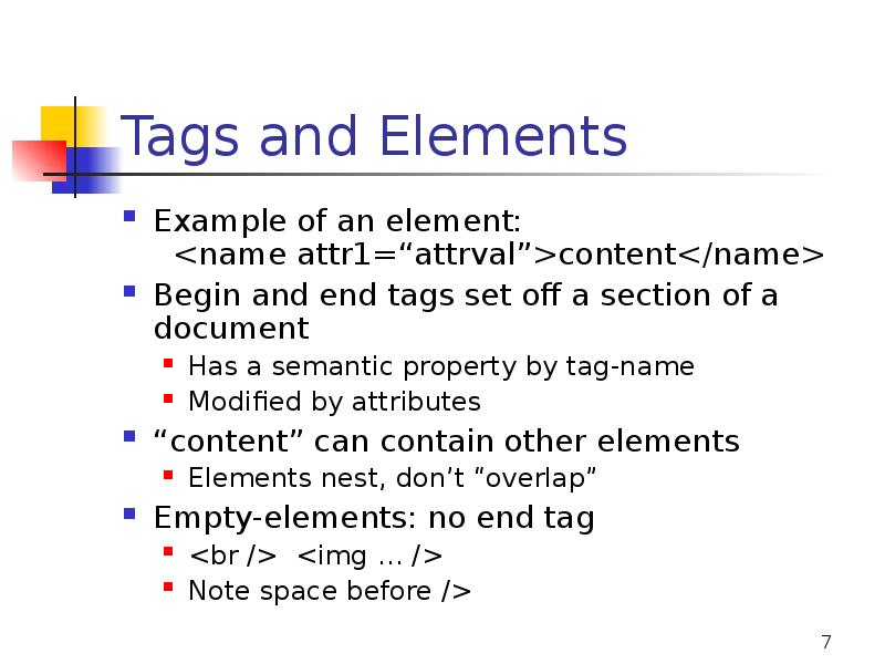 Tags and Elements
Example of an element: <name attr1=“attrval”>content</name>
Begin Tags and Elements
Example of an element: <name attr1=“attrval”>content</name>
Begin