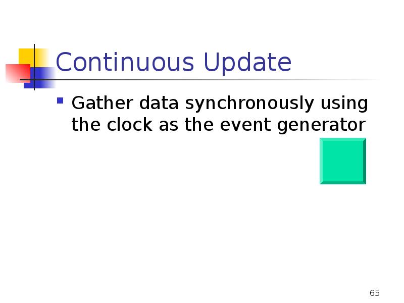 Continuous Update
Gather data synchronously using the clock as the event Continuous Update
Gather data synchronously using the clock as the event