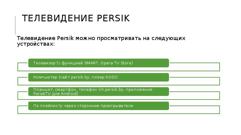 телевидение Persik Телевидение Persik можно просматривать на следующих устройствах: