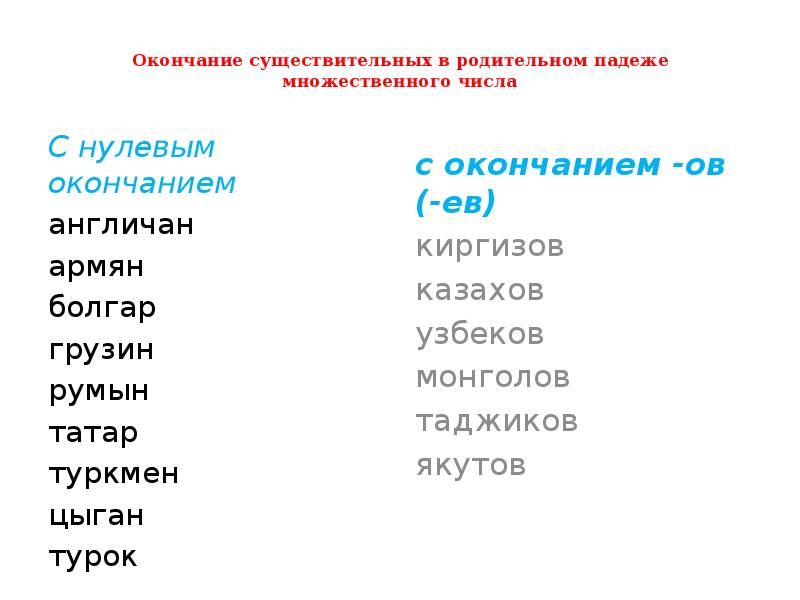 Окончание существительных в родительном падеже множественного числа  с окончанием -ов