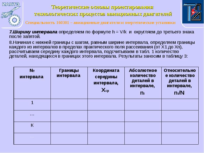 7.Ширину интервала определяем по формуле h = V/k и округляем до