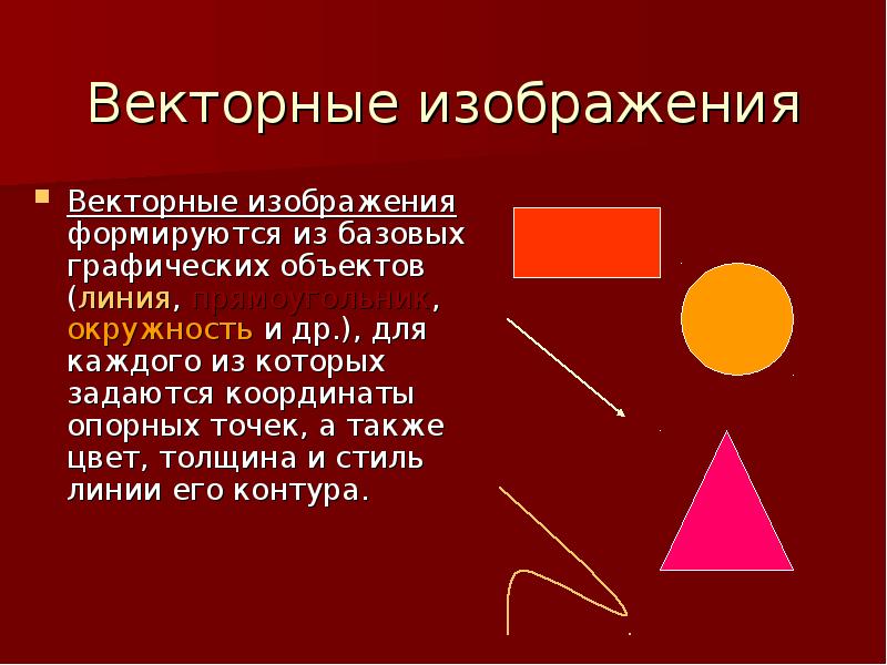 Векторное изображение формируется из объектов из точек из рисунков из пикселей