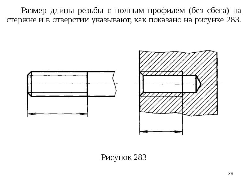 Размеры длин. Сбег резьбы Инженерная Графика. Размер длины резьбы с полным профилем (без Сбега) на стержне. Сбег резьбы на чертеже. Длина резьбы полного профиля.