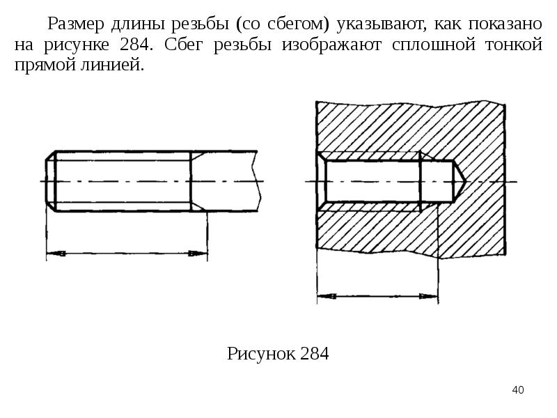 На рисунке изображен чертеж. Сбег резьбы Инженерная Графика. Размер длины резьбы с полным профилем (без Сбега) на стержне. Сбег резьбы на чертеже. Изображение резьбы со сбегом.