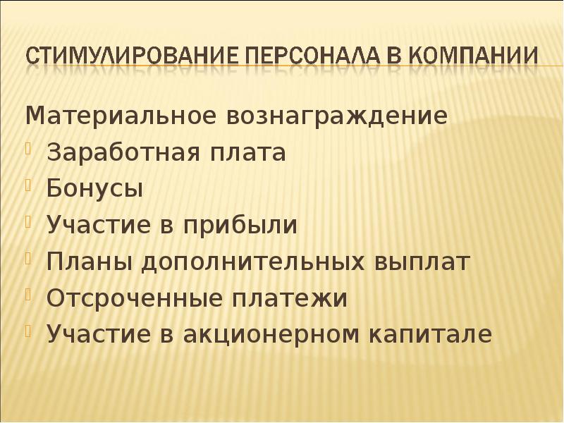 Материальное вознаграждение
Материальное вознаграждение
Заработная плата
Бонусы
Участие в прибыли
Планы Материальное вознаграждение
Материальное вознаграждение
Заработная плата
Бонусы
Участие в прибыли
Планы