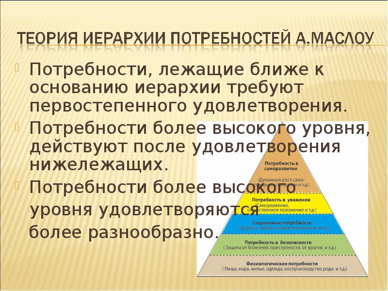 Потребности, лежащие ближе к основанию иерархии требуют первостепенного удовлетворения.
Потребности, лежащие Потребности, лежащие ближе к основанию иерархии требуют первостепенного удовлетворения.
Потребности, лежащие