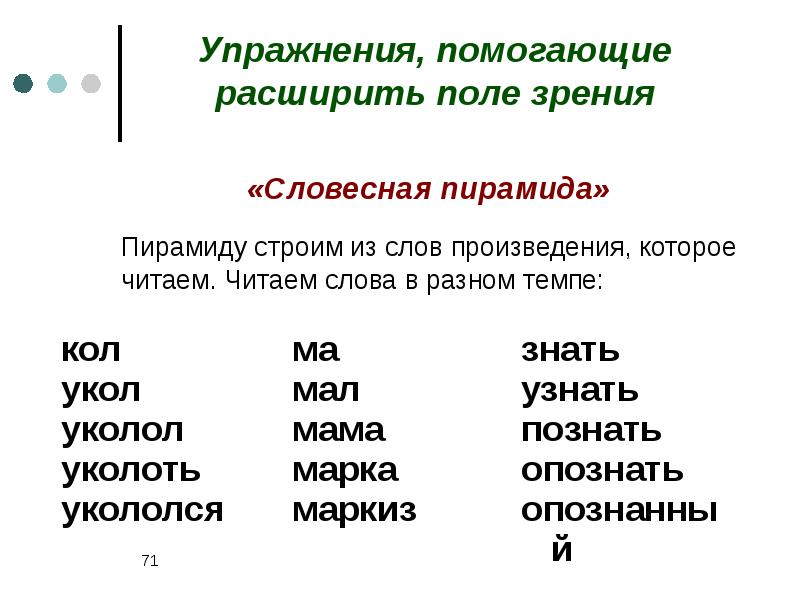 Текст упражнения. Расширение поля зрения при чтении. Пирамида для расширения поля зрения. Упражнения для расширения поля зрения. Пирамидки слов для чтения.