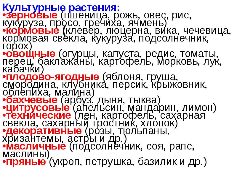 Культурные растения:
Культурные растения:
зерновые (пшеница, рожь, овес, рис, кукуруза, просо, Культурные растения:
Культурные растения:
зерновые (пшеница, рожь, овес, рис, кукуруза, просо,