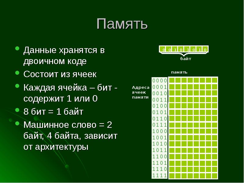 Который состоит из кода в. Код памяти. Бинарная ячейка памяти. Ячейка памяти 8 бит. Число ячеек памяти которые займет двоичный код предложения я дома.