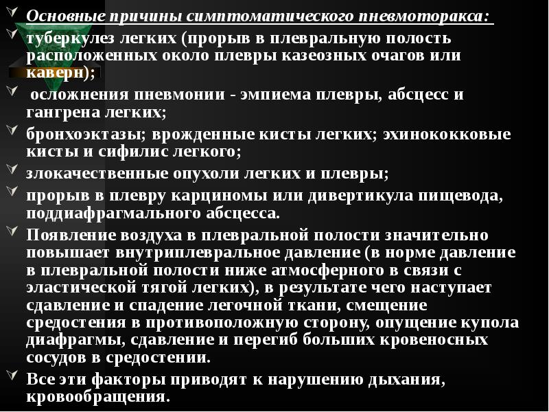 Основные причины симптоматического пневмоторакса:
Основные причины симптоматического пневмоторакса:
туберкулез Основные причины симптоматического пневмоторакса:
Основные причины симптоматического пневмоторакса:
туберкулез