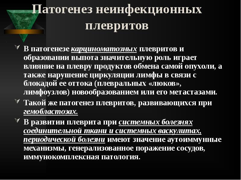 Патогенез неинфекционных плевритов
В патогенезе карциноматозных плевритов и образовании выпота Патогенез неинфекционных плевритов
В патогенезе карциноматозных плевритов и образовании выпота