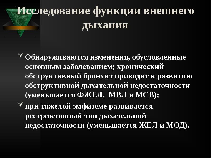 Исследование функции внешнего дыхания
Обнаруживаются изменения, обусловленные основным заболеванием; хронический Исследование функции внешнего дыхания
Обнаруживаются изменения, обусловленные основным заболеванием; хронический