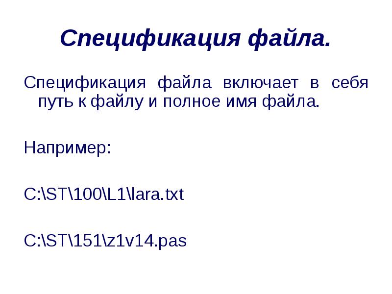 Файл например. Спецификация файла. Понятие спецификации файла. Правильная спецификация файла. Полное имя файла включает в себя.