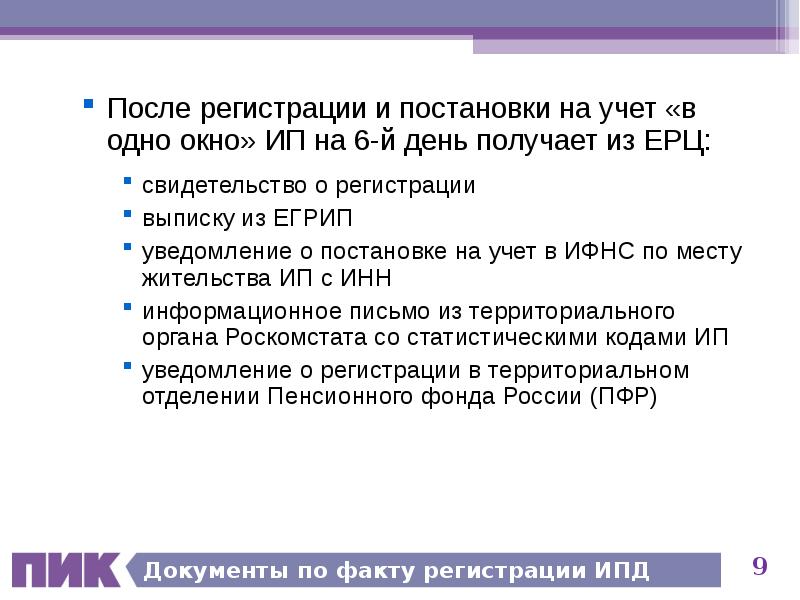 Документы по факту регистрации ИПД