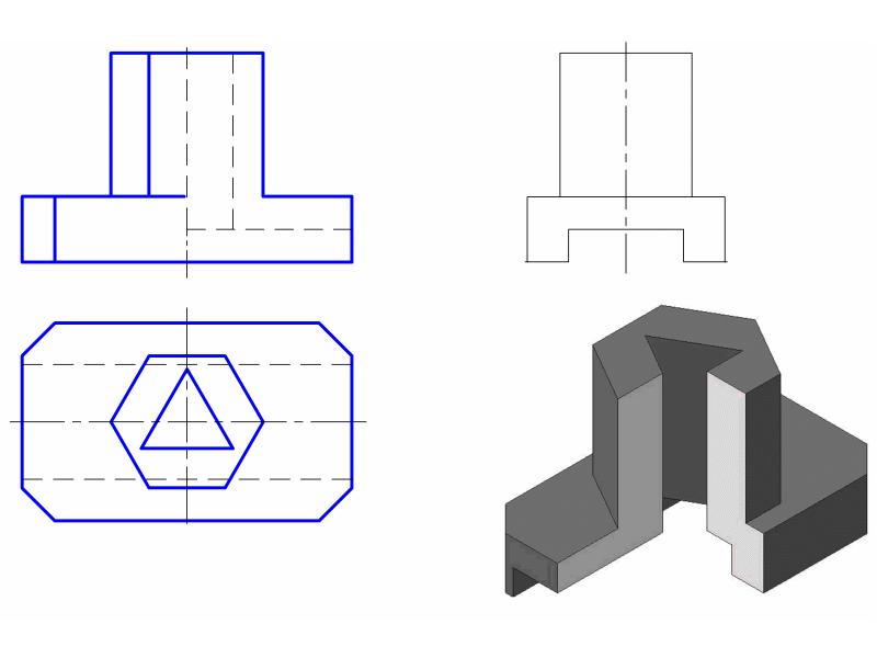 По двум видам построить вид слева и необходимые разрезы выполнить технический рисунок детали