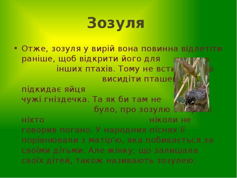 Зозуля
Отже, зозуля у вирій вона повинна відлетіти раніше, щоб Зозуля
Отже, зозуля у вирій вона повинна відлетіти раніше, щоб