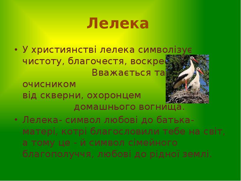 Лелека
У християнстві лелека символізує чистоту, благочестя, воскресіння. Лелека
У християнстві лелека символізує чистоту, благочестя, воскресіння.