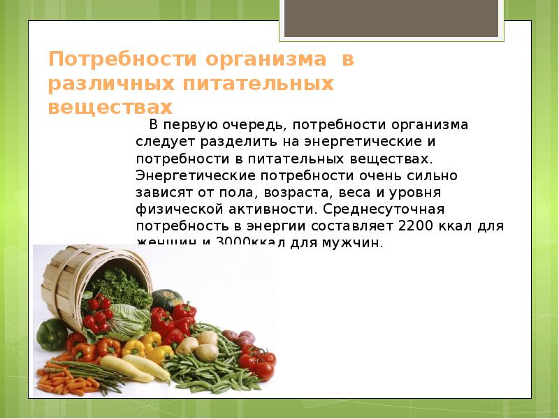 Потребности организма. Потребность организма в питательных веществах. Энергетические потребности организма. Питательные потребности организма.