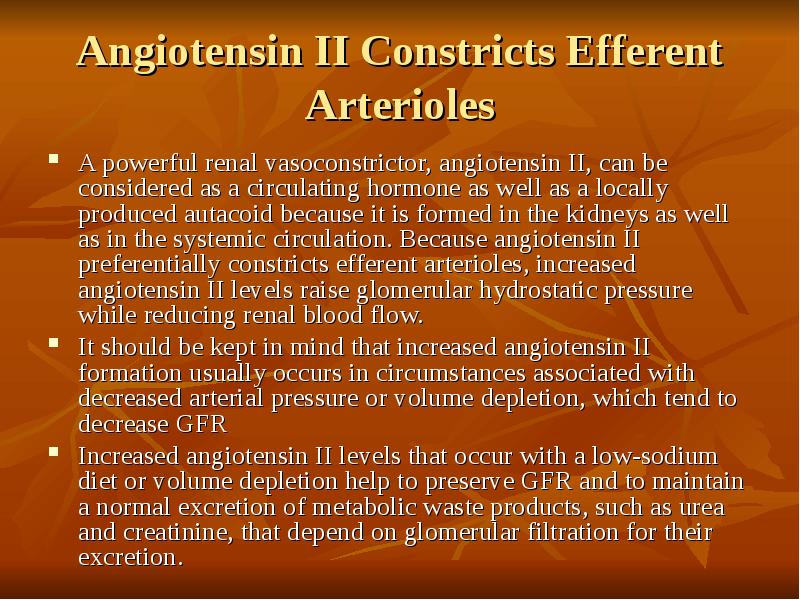 Angiotensin II Constricts Efferent Arterioles A powerful renal vasoconstrictor, angiotensin II,