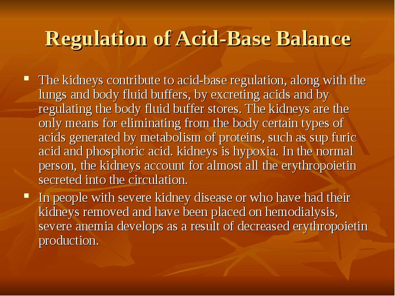 Regulation of Acid-Base Balance The kidneys contribute to acid-base regulation, along
