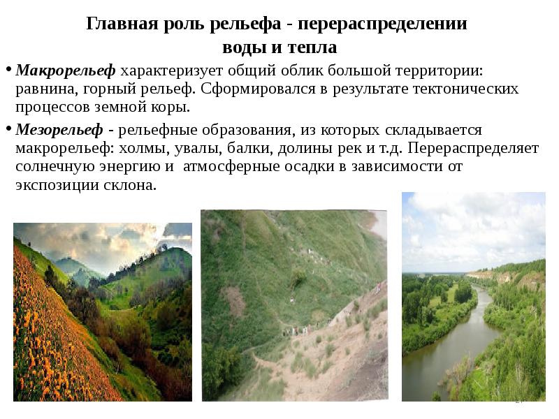Главная роль рельефа - перераспределении воды и тепла
Макрорельеф характеризует Главная роль рельефа - перераспределении воды и тепла
Макрорельеф характеризует