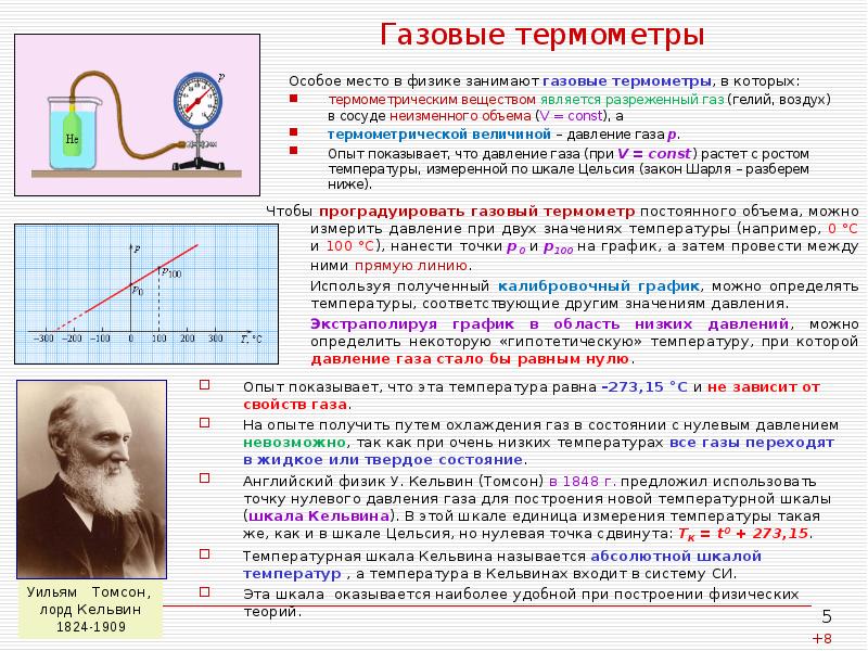 Газовые термометры
Особое место в физике занимают газовые термометры, в которых:
Газовые термометры
Особое место в физике занимают газовые термометры, в которых: