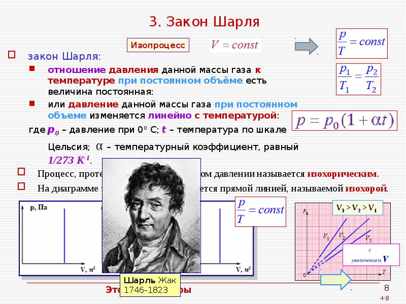 3. Закон Шарля
Процесс, протекающий при постоянном давлении называется изохорическим.
3. Закон Шарля
Процесс, протекающий при постоянном давлении называется изохорическим.