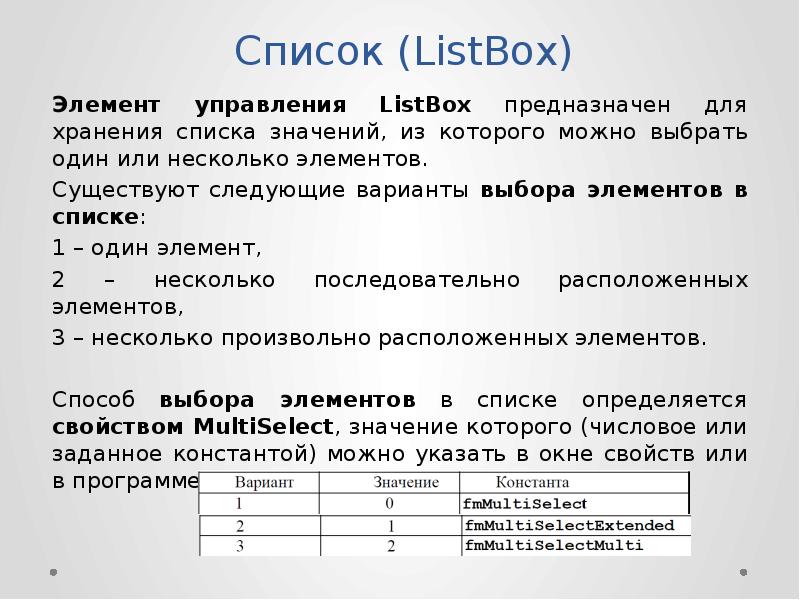 Элемент списка значений. Вывод в листбокс. Как выбрать одно значение из списка. Список значений. Вывод массива в листбокс.