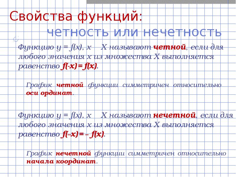 Основные свойства функции четность нечетность