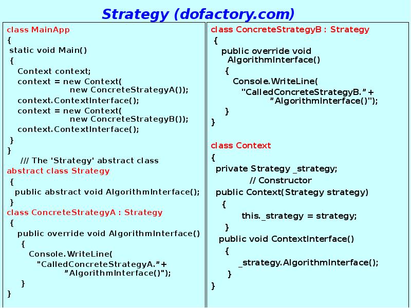 Strategy (dofactory.com) class ConcreteStrategyB : Strategy  {   public