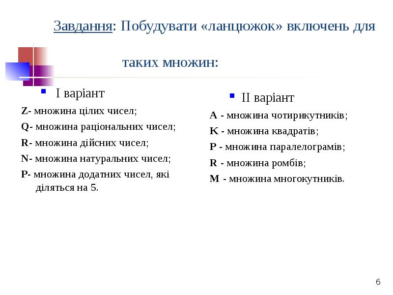 Завдання: Побудувати «ланцюжок» включень для Завдання: Побудувати «ланцюжок» включень для