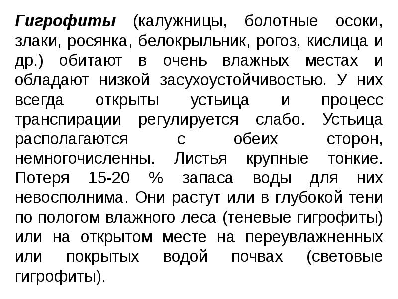 Гигрофиты (калужницы, болотные осоки, злаки, росянка, белокрыльник, рогоз, кислица и др.)