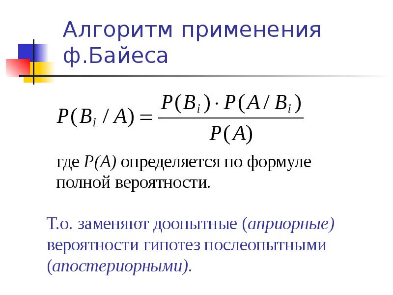 Алгоритм применения ф.Байеса
где Р(А) определяется по формуле полной вероятности. Алгоритм применения ф.Байеса
где Р(А) определяется по формуле полной вероятности.
