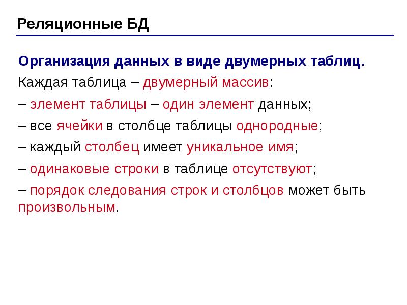 Элементы таблицы в базе данных. Элементы таблицы в базе данных