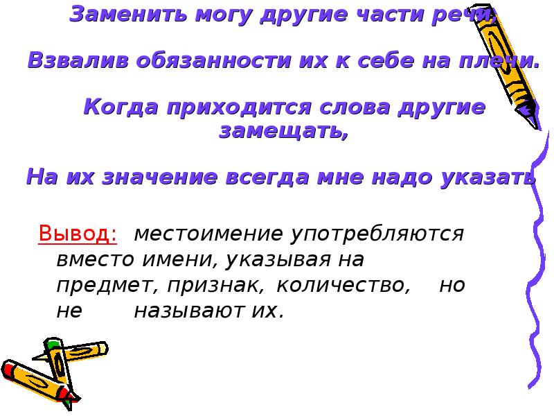 Следует указать. Местоимения вывод. Что обозначает местоимение как часть речи. Личные местоимения употребляются вместо чего. Местоимение употребляется вместо других частей речи.