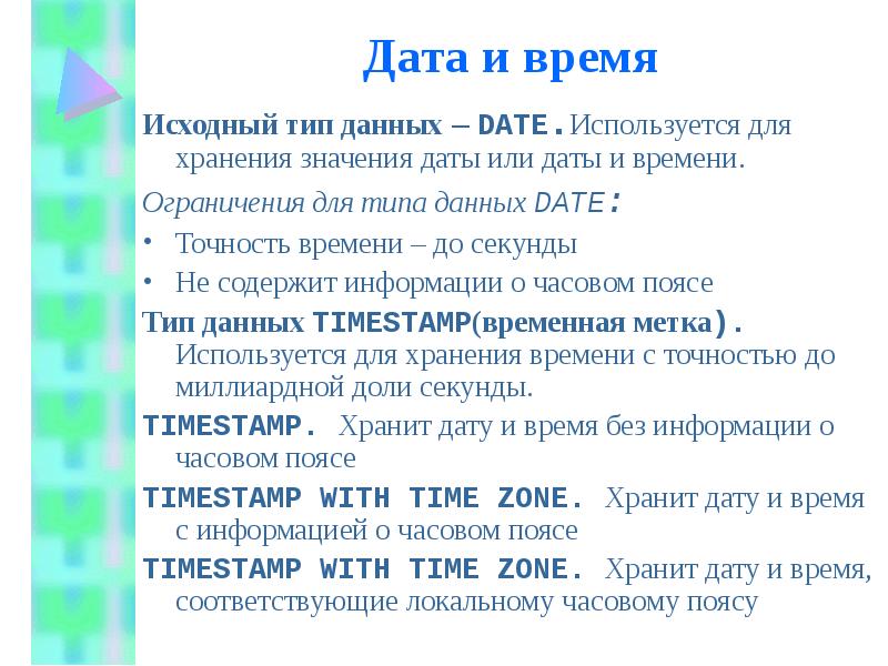 Тип данных date. Тип данных Дата и время. Типы исходных данных. Тип данных для хранения даты или времени. Ограничение для типа данных Дата и время.