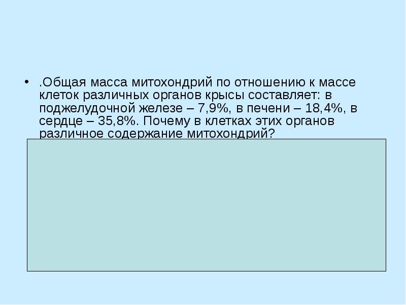 .Общая масса митохондрий по отношению к массе клеток различных органов крысы