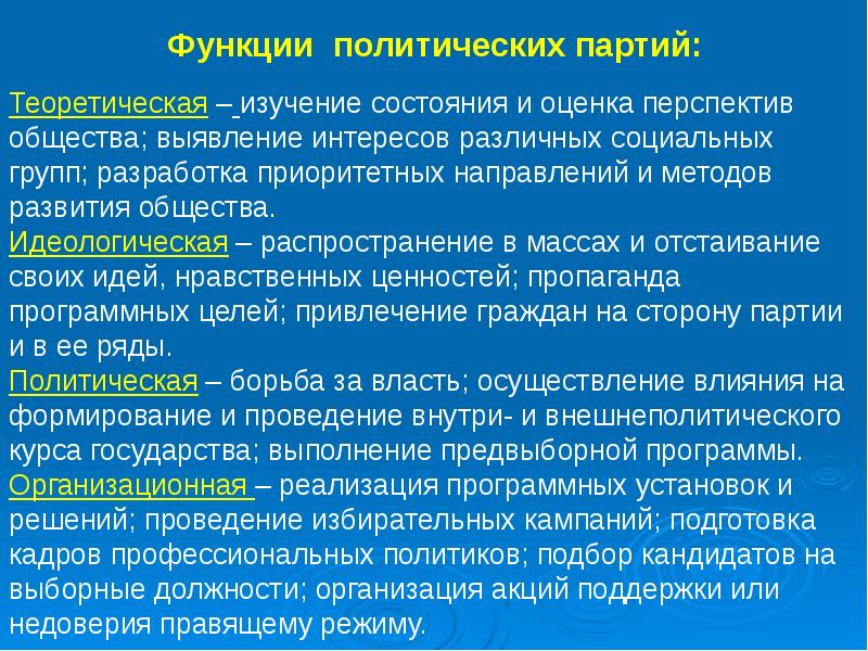 Политические партии и группы интересов. Теоретическая функция политической партии. Партийная система функции. Функции политической идеологии в обществе. Идеологическая функция партии.