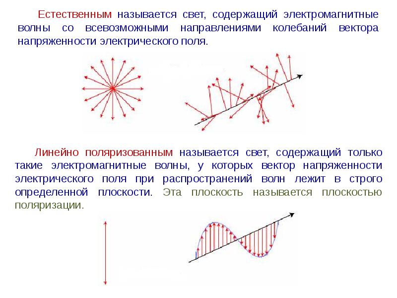 Направление вектора напряженности электрического. Естественная волна физика. Линейный поляризованный свет. Линейная поляризация света. Естественный свет + линейно поляризованный свет =.