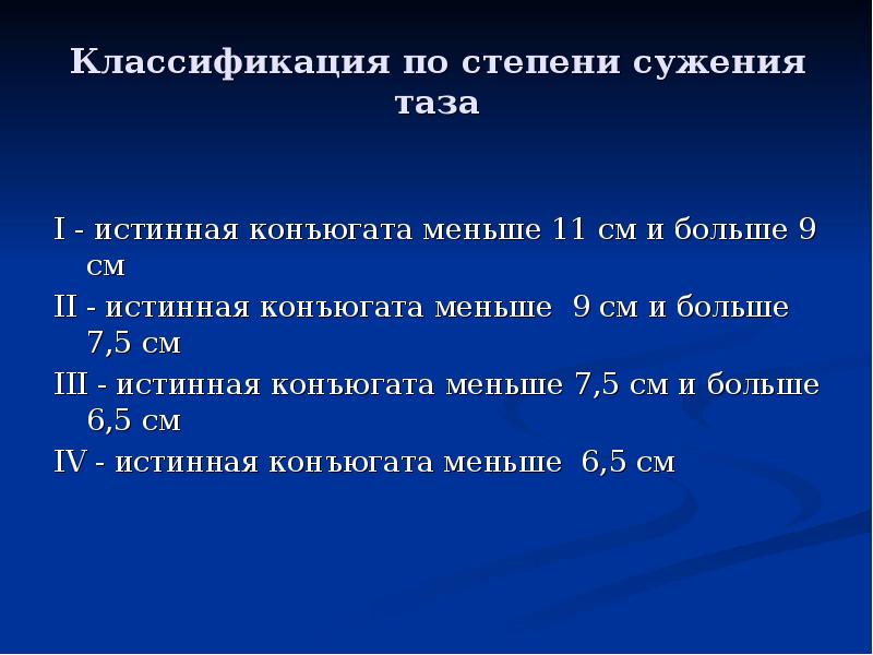 Классификация по степени сужения таза I - истинная конъюгата меньше 11
