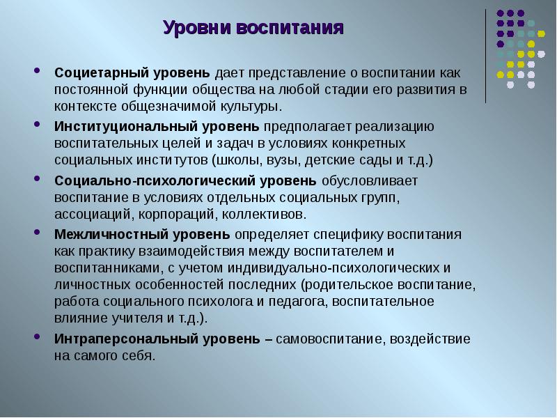 Воспитание представлений. Уровни воспитания. Уровни содержания воспитания. Уровни воспитательного процесса. Уровни социально воспитательного процесса.